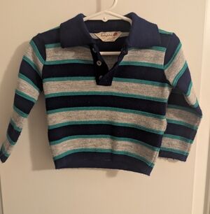 Vintage Navy And Grey Striped Polo Sweater‎